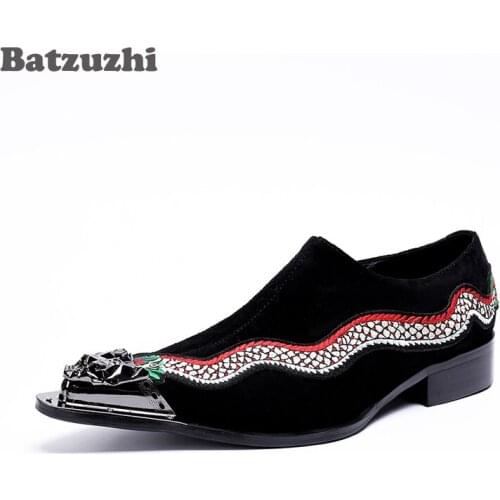 Batzuzhi Luxury Zapatos Hombre Handmade Men Oxford Shoes Metal Pointed Toe Embroidery Black Suede Genuine Leather Men Shoes