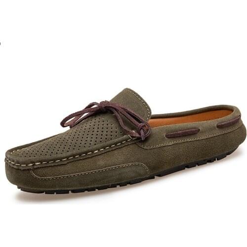 Genuine Leather Hollow Half Shoes For Men Loafers Luxury Brand 2021 Summer Breathable Half Slippers Slipon Men Lazy Shoes Green