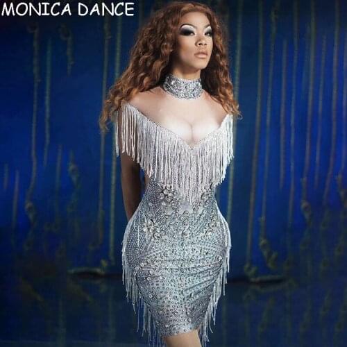 Women Sexy Tassel Crystal Birthday Celebration Party Dress Nightclub Prom Rhinestone Hip Wrapped Dress Singer DJ Stage Dress