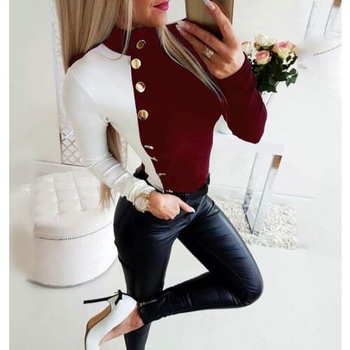 Women Blouses 2020 Fashion Long Sleeve Women Autumn Patchwork Long Sleeve Turtle Neck Button Pullover Shirt Blouse Top