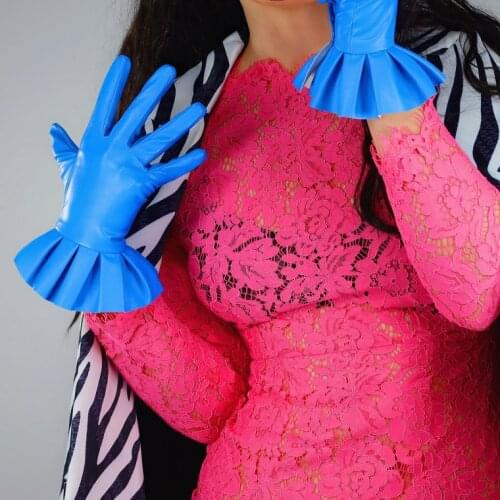 Womens runway fashion blue color sexy faux pu leather glove ladys club performance formal party dancing leather glove R3391