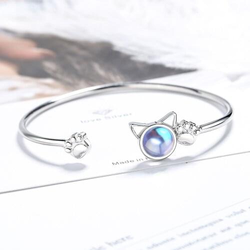 Fashion Womens S925 Silver Platinum Plated Cat Moonstone Personality Bracelets SL177