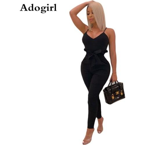 Black High Waist Skinny Jumpsuit Woman Spaghetti Strap V Neck Solid Color Lace Up Sleeveless Bow Rompers Night Club Wear