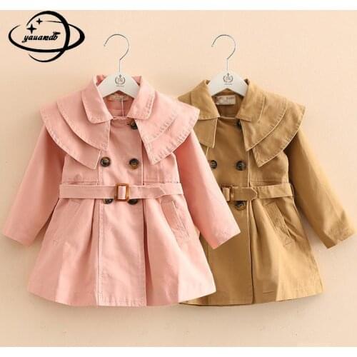 3-9y Kids Trench Coat Spring Autumn Girls Jacket Overcoat Clothing Long Style Turn-down Collar Fashion Children Windbreaker H50