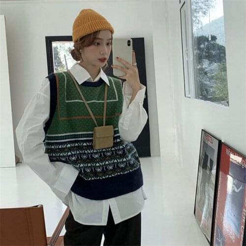 Korean Fashion Chic Vintage Casual Sweater Vest Women O-Neck Casual Loose Knitted Vests Femme Autumn Outwear Jumper