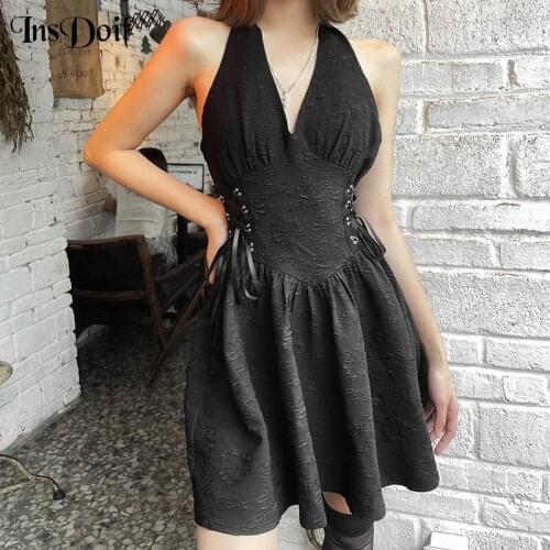 InsDoit Goth Black Halter A LINE Dress Women Sexy Backless Summer Bandage Bodycon Harajuku Aesthetic Elegant Party Corset Dress