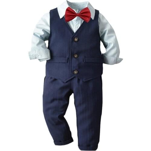 Kid Toddler Boy Bow Vest Formal Suit Party Wedding Clothes Solid Shirt Baby Birthday Gift Children Costume Infant Clothing Set