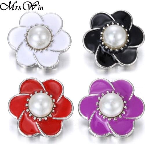 6pcs/lot New Snap Jewelry Pearl Flower 18mm Metal Snap Button Fit Leather Silver color Snap Bracelet for Women Jewelry