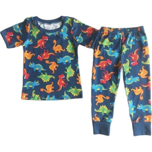 RTS Baby girls wholesale children short sleeve dinosaur design tee shirt top legging sleepwear pajamas 2pcs soft clothes