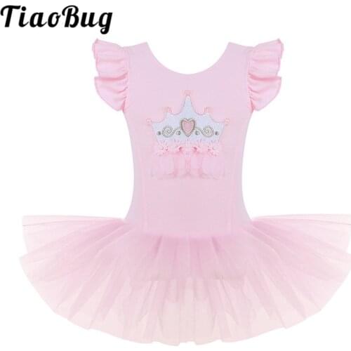 TiaoBug Kids Girls Ruffle Sleeve Ballet Tutu Dress Crown Applique Mesh Ballet Leotards Gymnastics Leotard Stage Dance Costume