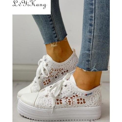 Women Shoes 2020 Fashion Summer Casual White Shoes Cutouts Lace Canvas Hollow Breathable Platform Flat Shoes Woman Sneakers