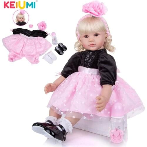 KEIUMI 24 Inch Handmade Gold Curls Reborn Silicone Bonecas Cloth Body Doll Reborn Girl Princess Dolls Toy For Kid Birthday Gifts