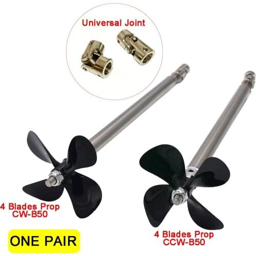 1 Pair RC Boat Motor 4MM Stainless Steel Shaft Set Metal Universal Joint with 50mm CW/CCW 4-Blades Propellers