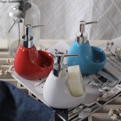 Creative Solid Color Ceramic Liquid Soap Dispenser Lotion Bottle Hand Soap Dispenser Bottle Bathroom Supplies with Sponge Rack
