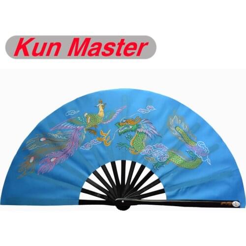 Kun Master 34 Cm Bamboo Chinese Kung Fu Tai Chi Fan With Dragon And Phoenix Design Blue Cover
