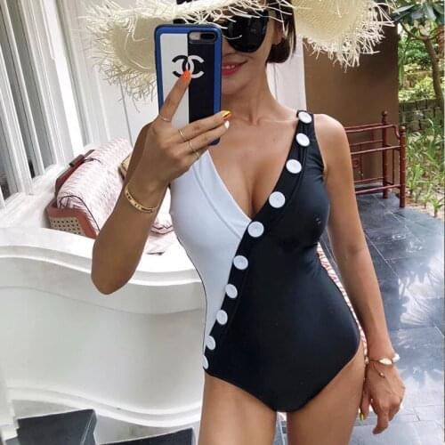 Swimming Suit For Women Swimsuit Girls Bikinis Woman Bikini 1 Piece New Female Sexy Buttons Black White Solid Polyester