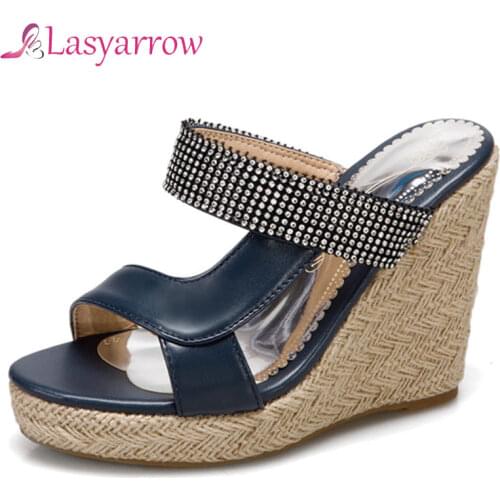 Lasyarrow Shiny Sparking Rhinestone Crystal Slippers Shoes Woman Wedges High Heels Platform Sandals Slides Big Plus Size 34-50