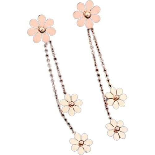 Small Chrysanthemum Double Tassel Titanium Steel Earrings Temperament Fresh Rose Gold Color Earrings