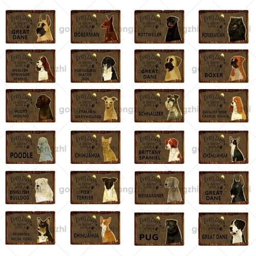 Pet Dog Metal Tin Sign Chihuahua Schnauzer Labrador Metal Plate Home Decor Back Garden Pet Shop Store Wall Art Iron Painting