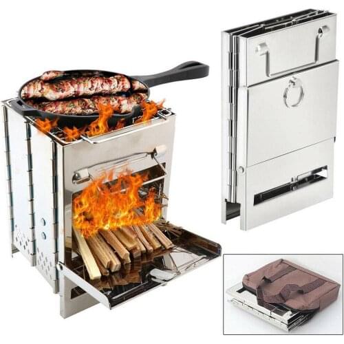 Mini Outdoor Firewood Stove Camping Cooking Picnic Travel Steel Square Wood Stove Charcoal Folding Grill