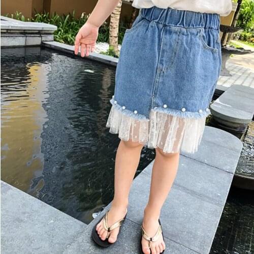 Fashion Baby Girls Jean Skirts Tutu Summer Kids Pearl Lace Patchwork Skirts Children Clothes Girls Tutu Skirts Denim Skirts Gift