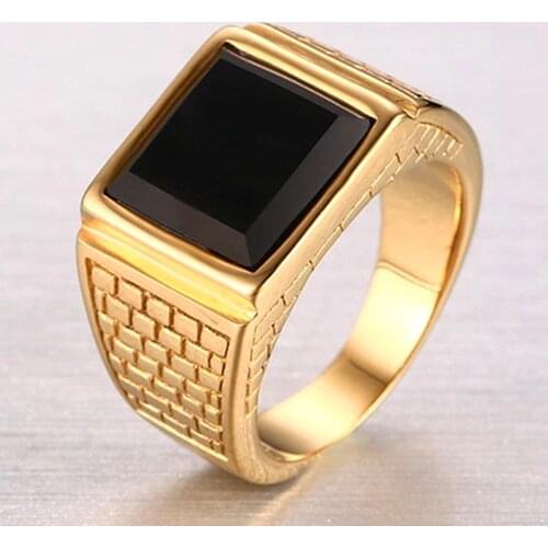 Big black agate gemstones Rings for men bague 18k gold color titanium stainless steel cool fashion jewelry accessories sizes7-13