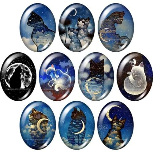 New Moon Sky night Cat Love Cats Oval 10pcs 13x18mm/18x25mm/30x40mm mixed photo glass cabochon demo flat back Jewelry findings