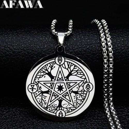 Pentagram Tree of Life Stainless Steel Necklace Women Silver Color Amulet Witchcraft Necklaces Jewelry Gift collares N3228S02