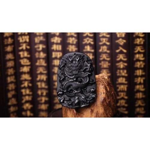 Obsidienne naturelle sculpté à la main Dragon chinois bonne chance pendentif à breloque collier livraison gratuite