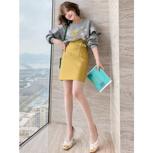 Exquisite diamond-studded buckle high waist slim slimming all-match solid color half skirt womens clothing 2020 autumn new