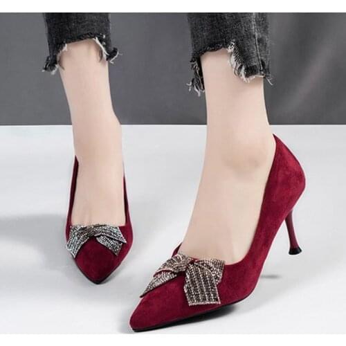 Ol Office Lady Shoes High Heels Dress Shoes Pointed Toe Pumps Woman Boat Shoes Butterfly Knot Female Shoes Sandals Red 9156L