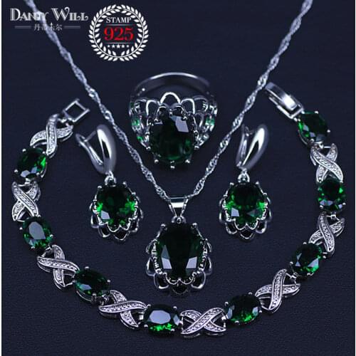 Natural silver color Jewelry Green Cubic Zirconia White Crystal Jewelry Sets For Women Pendant/Necklace/Rings/Earrings/Bracelets
