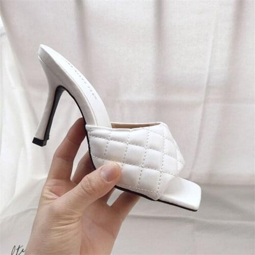 Fashion Small Thin Heels Mules High Heels Slipper Shoes Woman Pu Leather Ladies Slides Summer Square Head Woman Slippers Sandals