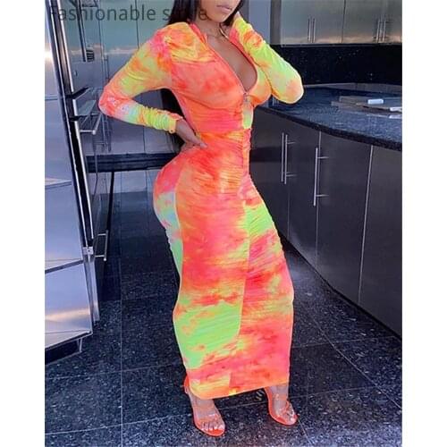 Women Tie Dye Print Zipper Ruched Long Sleeve Maxi Dress