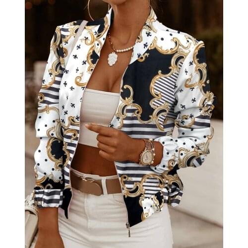 2021 Autumn Women Scarf Print Long Sleeve Zip Front Casual Jacket Ladies Causal Chic Jacket Coat Office Work Blazer Suit Female