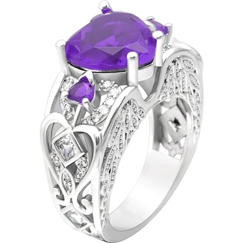 Love Heart Ring Female Black Gold Sterling Jewelry Angel Wing Couple Ring For Women Romantic Purple Cubic Zirconia Bijoux Gifts