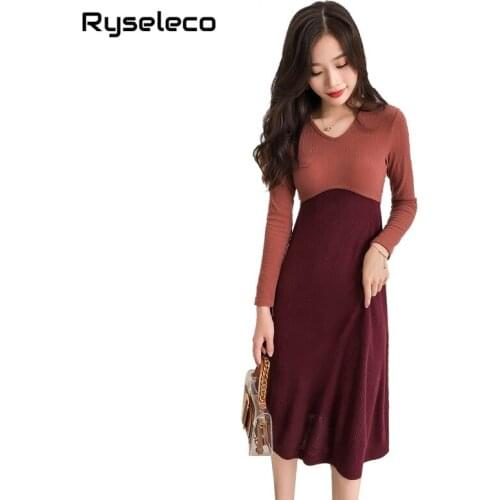 Women Autumn Winter Patchwork Color Panel Long Sleeve V-neck Midi Flare Dresses Vintage Retro Style High Waist Slim Casual Dress