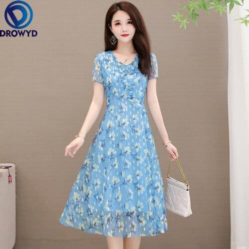 2021 Beach Blue Print Midi Dress for Women Summer Fashion Short Sleeve V-neck Bodycon Dress Elegant Boho Party Dresses Vestidos