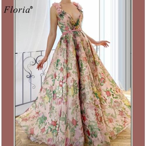 Floral Sexy Celebrity Dresses Long V-Neck Sleeveless Boho Prom Dresses Evening Wear Elegant Photography Gowns Formelle Robes