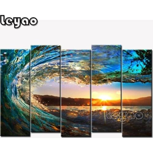 5pcs 5D DIY Diamond Painting Scenery Diamond Painting Cross Stitch Sunset Diamond Embroidery Sea Wave Multi-Picture Handicraft
