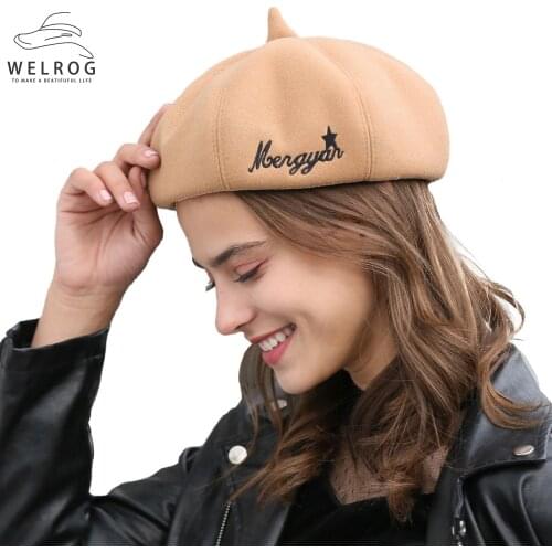 WELROG Autumn Winter Cotton Beret Ladies Woolen Letters Korean Cap Solid Color Hat Wild Painter Hat British Retro Pumpkin Hat