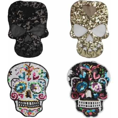 GUGUTREE embroidery Sequins big skull patches devil patches badges applique patches for clothing JW-7