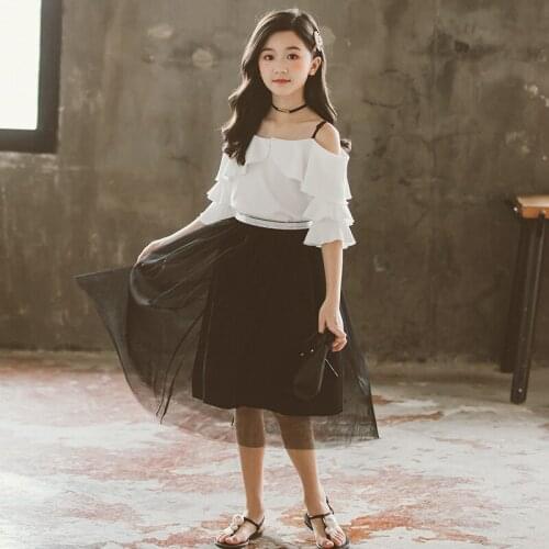 Summer Girls Clothing Set Fashion Children Off Shoulder Tops Skirt 2Pcs Kids Chiffon Outfits Baby Girl Clothes 6 8 10 Years
