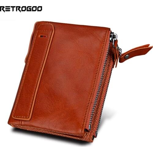 RETROGOO Genuine Cow Leather Short Wallet Unisex Purse RFID Blocking Double Zipper Money Bag Coin Pocket Cartera Women Carteira