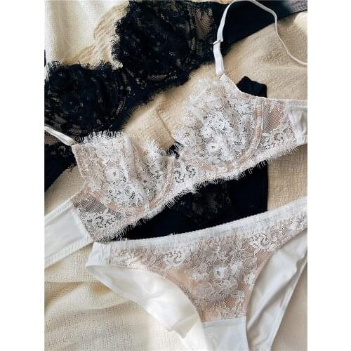 Summer sexy gathering lingerie set steel ring upper women bra and panties set bra ultra-thin eyelashes lace girl soft bralette