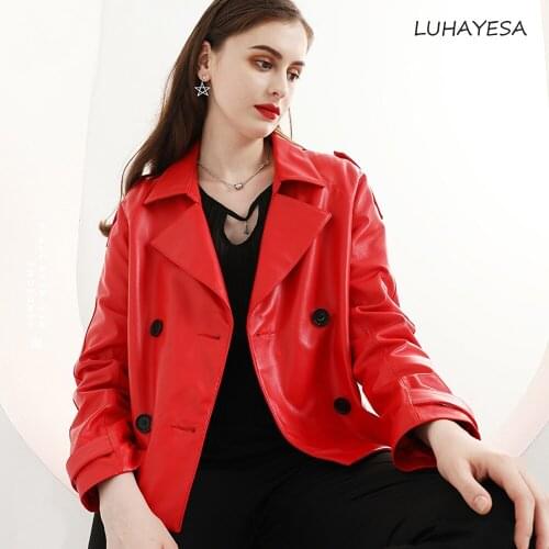 LUHAYESA Women Suit Collar Double Breasted Red Genuine Leather Jacket Slim Short Autumn Spring Natural Sheepskin Leather Clothes