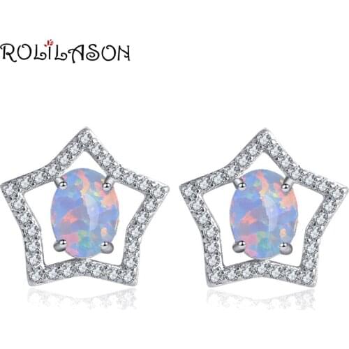 ROLILASON Cute five-pointed star desgin for girl Silver Stamped pink Fire Opal Stud Earrings Fashion Jewelry OE729