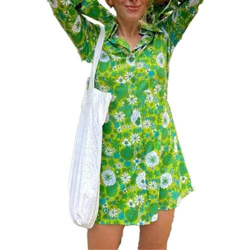 Mini Dress Women Elegant Printing Turn-down Collar Slim Female Sundress Long Sleeve Office Lady Shirt Dress Robe Femme