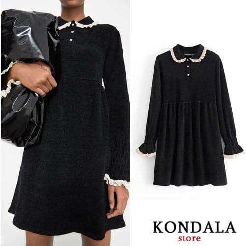 KONDALA Za 2020 Fashion Women Dress Vintage Knitting Cotton Thick Autumn Winter Dresses Long Sleeve Elegant Vestidos