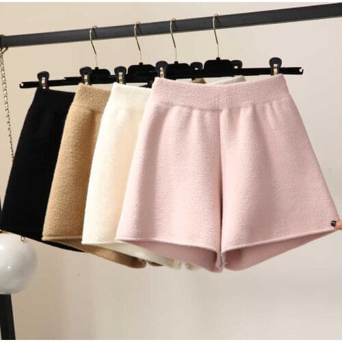 Sweet Wide Leg Knitted Shorts For Women Autumn Winter Female High Waist Loose Curled Faux Mink Fleece Warm Shorts Feminino C7629